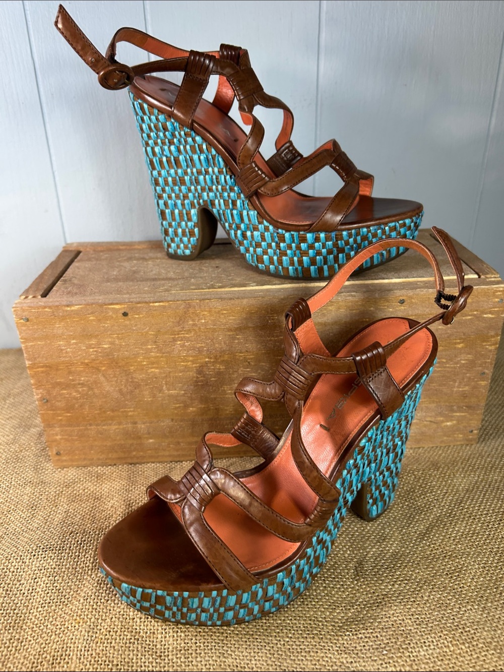 Via Spiga Brown Leather Platform Sandal with Turquoise Woven Heel